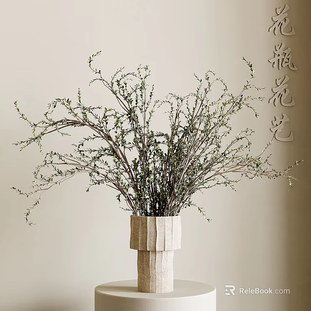 Minimalist Textured Vase With Green Leafy Branches On Light Wall Background 3d model 