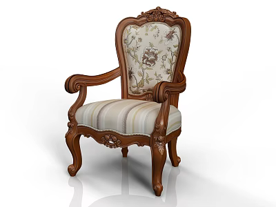 Classic Single Sofa with Wooden Carved Arms Legs Floral Patterned Back and Striped Upholstered Seat 3d model