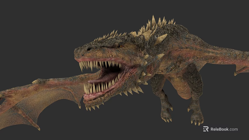 Reptile Dragon With Spikes Wings Open Mouth Sharp Teeth And Rough Skin 3d model 
