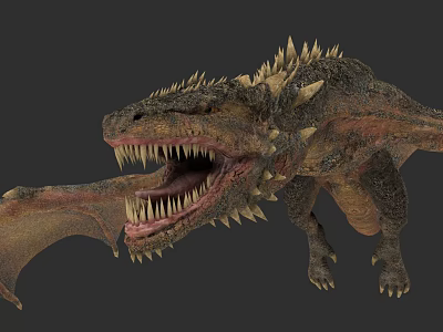 Reptile Dragon With Spikes Wings Open Mouth Sharp Teeth And Rough Skin 3d model