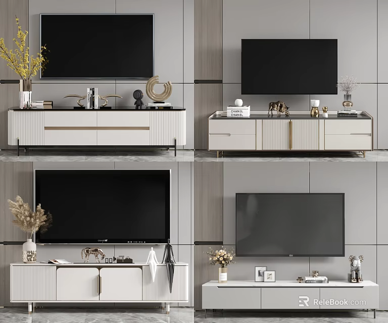 Modern White TV Stand Interior With Decorative Ornaments Vases And Storage Drawers 3d model 
