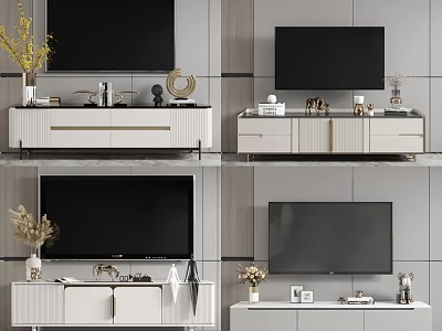 Modern White TV Stand Interior With Decorative Ornaments Vases And Storage Drawers 3d model