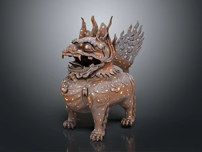 Traditional Bronze Mythical Beast Ornament Decorative Figurine With Flame Shaped Details And Intricate Patterns 3d model