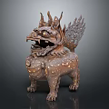 Traditional Bronze Mythical Beast Ornament Decorative Figurine With Flame Shaped Details And Intricate Patterns