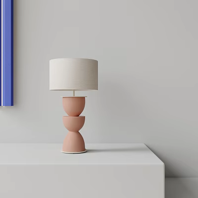 Table Lamp With Light Pink Stacked Bowl Base And Cream Fabric Lampshade On White Table 3d model