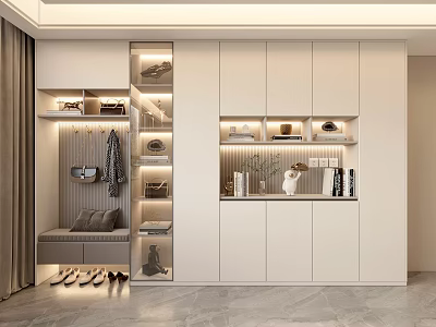 Modern Shoe Cabinet Interior With Storage Bench Hanging Area And Decorative Shelves 3d model