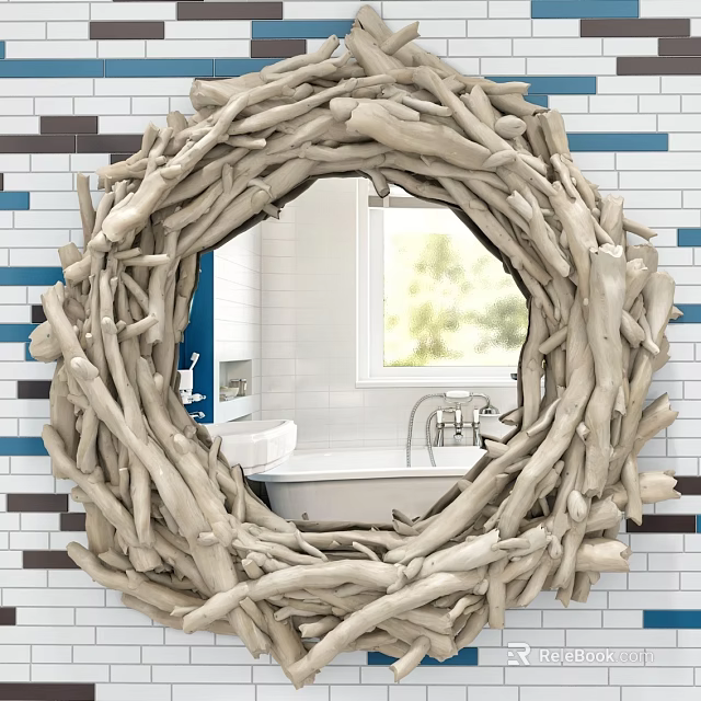 Driftwood Frame Round Mirror in Bathroom with Blue White Tiled Wall Bathtub Window Green View 3d model 