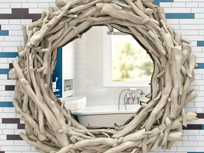 Driftwood Frame Round Mirror in Bathroom with Blue White Tiled Wall Bathtub Window Green View 3d model