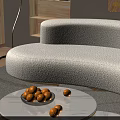 Elegant White Curved Sofa Coffee Table Set With Round Gold Frame And Fruit Magazines 3d model