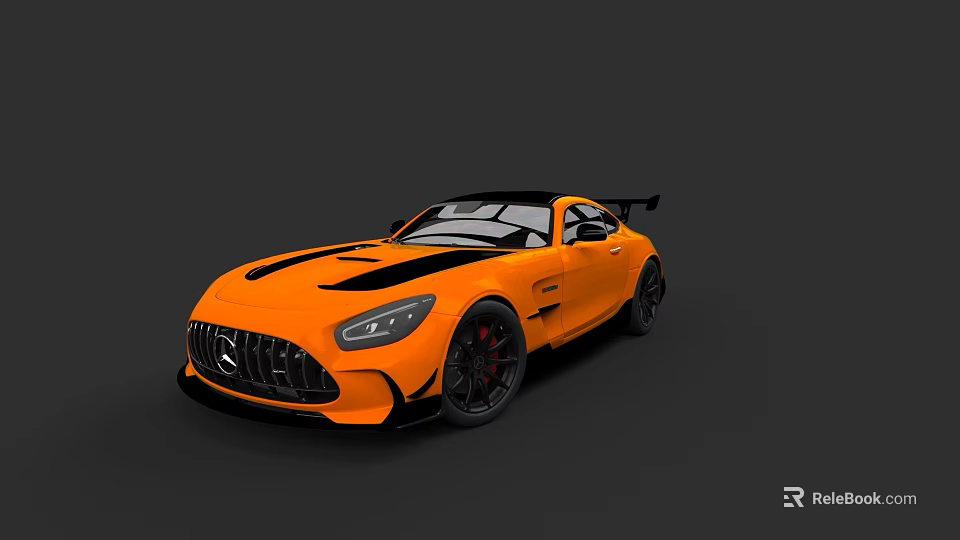Orange Mercedes AMG GT Sports Car With Black Stripes And Rear Spoiler 3d model 