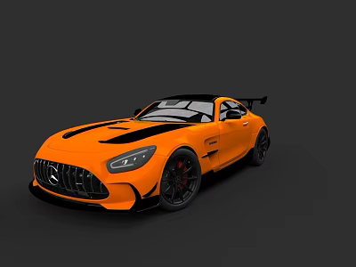 Orange Mercedes AMG GT Sports Car With Black Stripes And Rear Spoiler 3d model