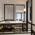 Modern Hotel Room With Striped Sofa Round Table Wooden Dresser And Wall Paintings