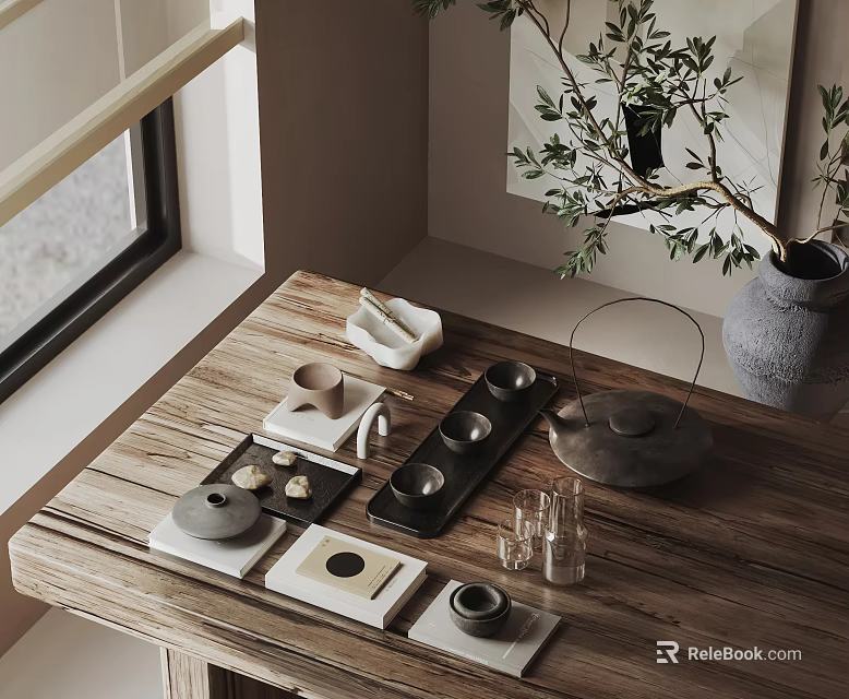 Minimalist Tea Set With Teapot Teacups And Tray On Wooden Table With Green Plant 3d model 