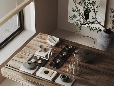 Minimalist Tea Set With Teapot Teacups And Tray On Wooden Table With Green Plant 3d model