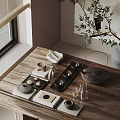 Minimalist Tea Set With Teapot Teacups And Tray On Wooden Table With Green Plant