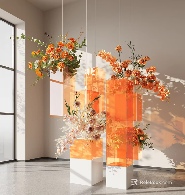Orange Flowers In Hanging Transparent Cubes With Soft Light For Modern Interior Decor 3d model 