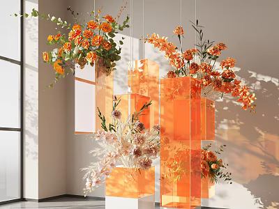 Orange Flowers In Hanging Transparent Cubes With Soft Light For Modern Interior Decor 3d model