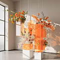 Orange Flowers In Hanging Transparent Cubes With Soft Light For Modern Interior Decor