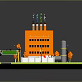 Industrial Site Model With Orange Building Chimneys Storage Tanks Truck Road And Street Lamps