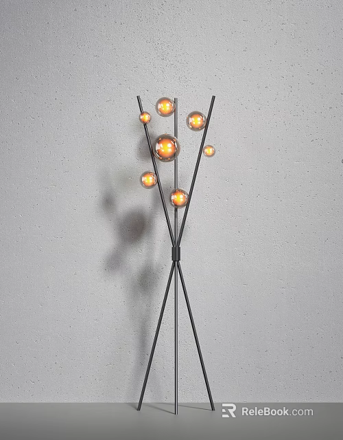Modern Abstract Floor Lamp With Black Crossed Stand Multiple Lit Bulbs And Gray Wall 3d model 