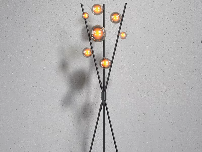 Modern Abstract Floor Lamp With Black Crossed Stand Multiple Lit Bulbs And Gray Wall 3d model
