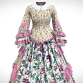 Floral Print Vintage Dress With Long Sleeves Pink Ruffled Trim And Fitted Waist Design