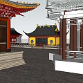 Traditional Ancient Architecture With Yellow Walls Red Pillars And Curved Roof Tiles