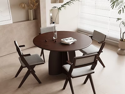 Modern Round Dark Dining Table Set With Four Light Gray Chairs And Glass Vase 3d model