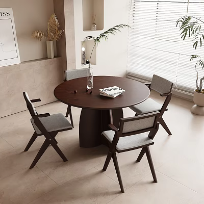 Modern Round Dark Dining Table Set With Four Light Gray Chairs And Glass Vase 3d model