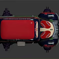 Vintage Bus Floating with Decorative Red and Green Body and Illuminated Lights on Support Structure