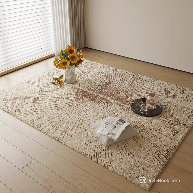 Square Rug with Radiant Pattern on Wooden Floor Featuring Sunflower Bouquet Vase Tray and Magazine 3d model 