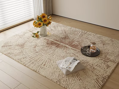 Square Rug with Radiant Pattern on Wooden Floor Featuring Sunflower Bouquet Vase Tray and Magazine 3d model