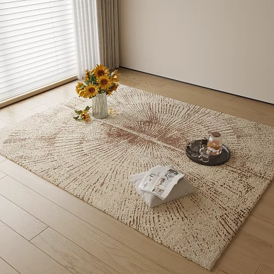 Square Rug with Radiant Pattern on Wooden Floor Featuring Sunflower Bouquet Vase Tray and Magazine 3d model