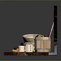 Natural Wooden Household Items With Plates Bowls Barrel Cups Rolling Pin And Bread Slices