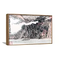 Traditional Chinese Landscape Paintings With Mountains Water Mist Red Accents And Small Boat Hanging On Wall