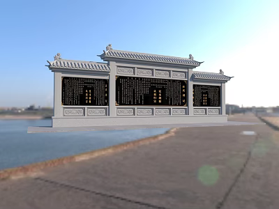 Ancient Chinese Architectural Structure With Traditional Roof And Carved Windows By Waterfront 3d model