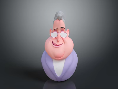 Cartoon Woman With Gray Hair Glasses Purple Coat Rounded Shape And Smiling Expression 3d model