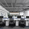 Modern Public Office Space Interior With Yellow Mesh Ceiling Office Desks Computers And Potted Plants