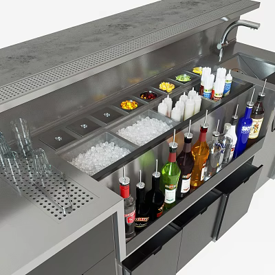 Commercial Bar Equipment With Stainless Steel Counter Ice Bin Wine Bottles And Glasses 3d model