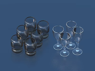 Transparent Glassware Grouped As Short Tumblers And Tall Wine Glasses On Dark Blue Background 3d model