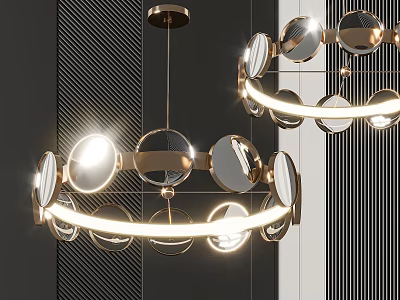 Modern Circular Gold Chandelier With Illuminated Mirror Elements And Metal Frame In Dark Interior 3d model