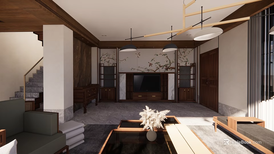 Modern Chinese Living Room Interior With Wooden TV Wall Decorative Painting And Chandelier 3d model 