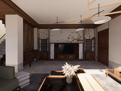 Modern Chinese Living Room Interior With Wooden TV Wall Decorative Painting And Chandelier 3d model