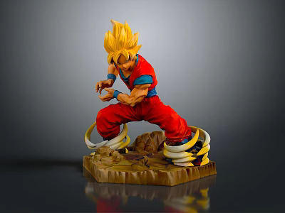 Golden Haired Anime Game Character Statue In Red Outfit With Blue Undershirt And Rock Base 3d model