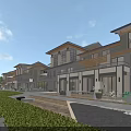 Modern Commercial Street With Multi Story Buildings Large Windows Pedestrian Walkway And Outdoor Seating
