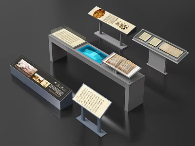 Modern Exhibition Display Shelves With Glass Cases Books And Information Panels 3d model