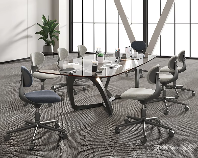 Modern Glass Top Conference Table With Swivel Office Chairs And Indoor Plant 3d model 