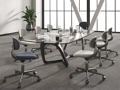 Modern Glass Top Conference Table With Swivel Office Chairs And Indoor Plant 3d model