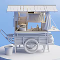 White Paper Craft Food Cart With Canopy Small Table Wheels And Bench On Blue Background