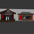 Ancient Architectural Stages With Traditional Roof Red Curtains Lanterns And Figures